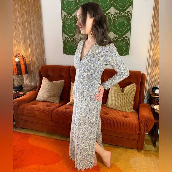 70s Hippie Era Handmade Woven Chevron Maxi Dress, M - Picture 5 of 8